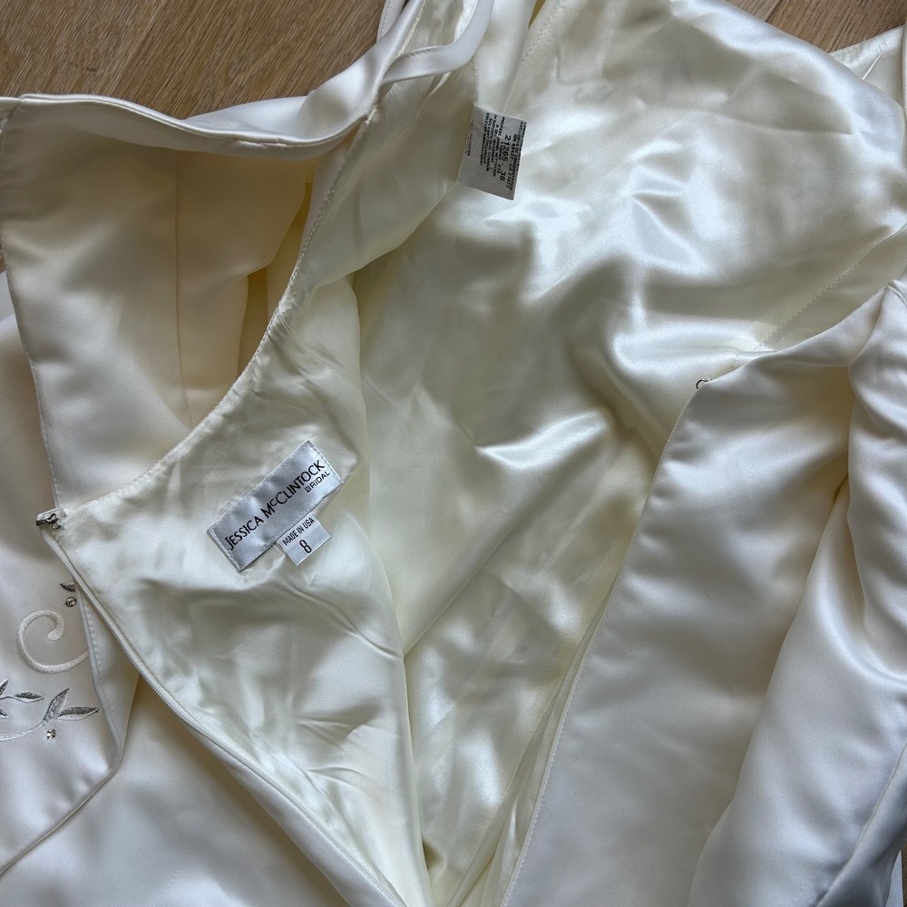 Vintage Jessica McClintock Wedding Gown Satin White Floral Embroidered Gemstone - Picture 6 of 16